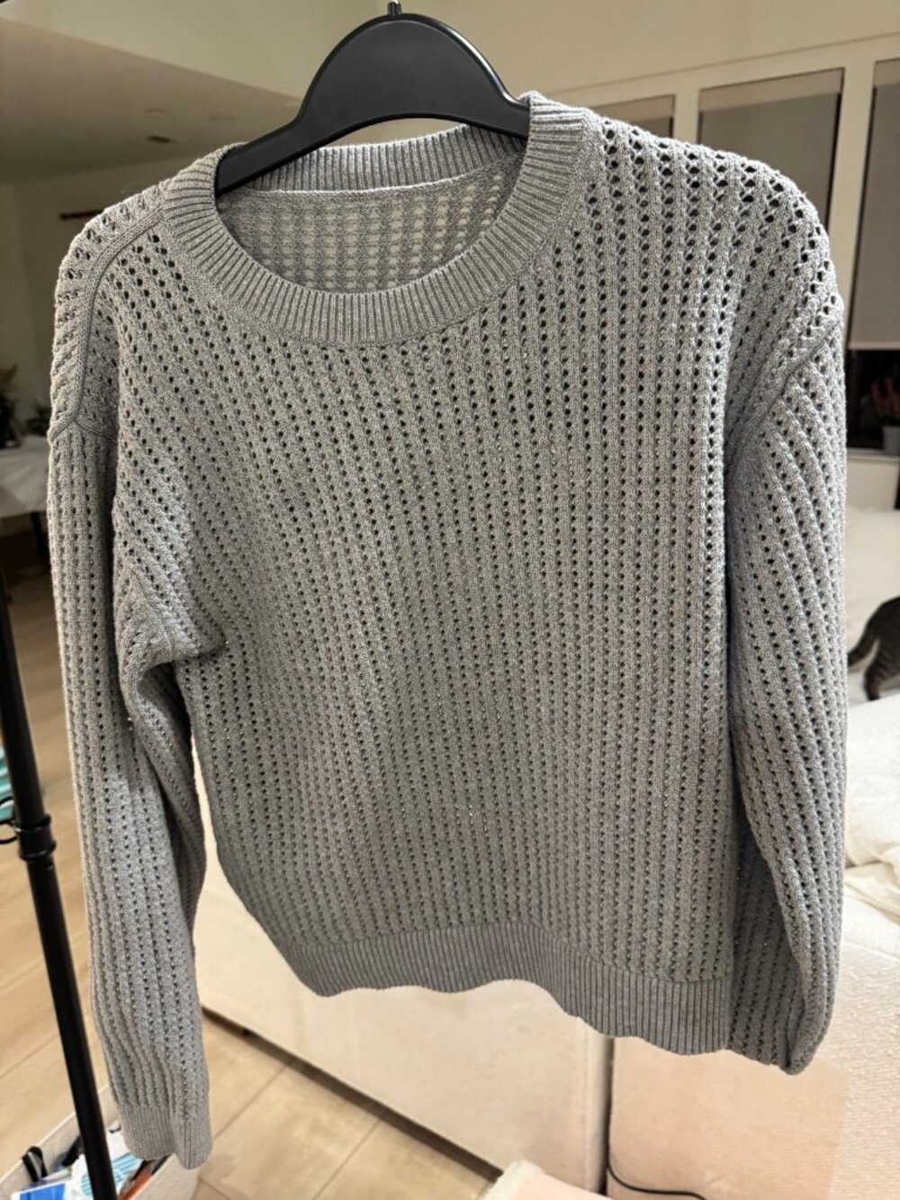 Open Knit Pointelle Crewneck Sweater Gray Sparkle Womens S